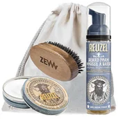 Zestawy kosmetyków męskich - Zestaw do pielęgnacji brody - Reuzel balsam do brody, Reuzel pianka do brody oraz mały kartacz do brody marki ZEW - miniaturka - grafika 1