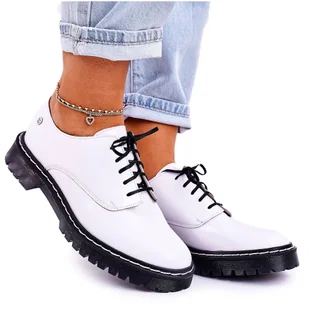 Damskie Skórzane Półbuty Oxfordy Maciejka Białe Lakierowane 04087-11 - Półbuty damskie - miniaturka - grafika 1