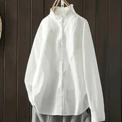 Koszule damskie - TEMU Elegancka Biała Bluzka z Falbanką na Kołnierzu dla Kobiet - Długi Rękaw, Luźny Krój, Zapinana na Guziki, Jednokolorowa Koszula na Wiosnę/ na - miniaturka - grafika 1