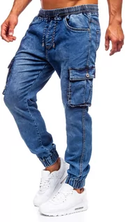 Spodnie męskie - Granatowe spodnie jeansowe joggery bojówki męskie Denley K10002-1 - grafika 1