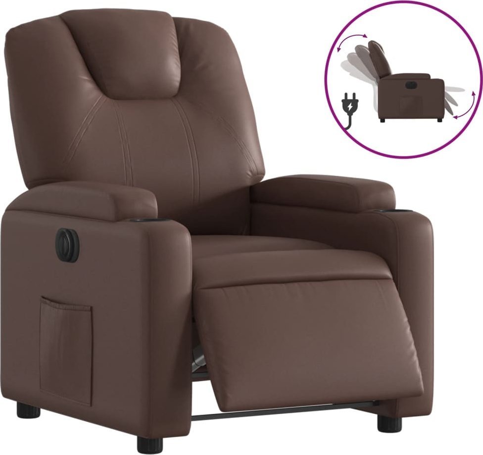 Elektryczny fotel rozkładany, brązowy, obity sztuczną skórą