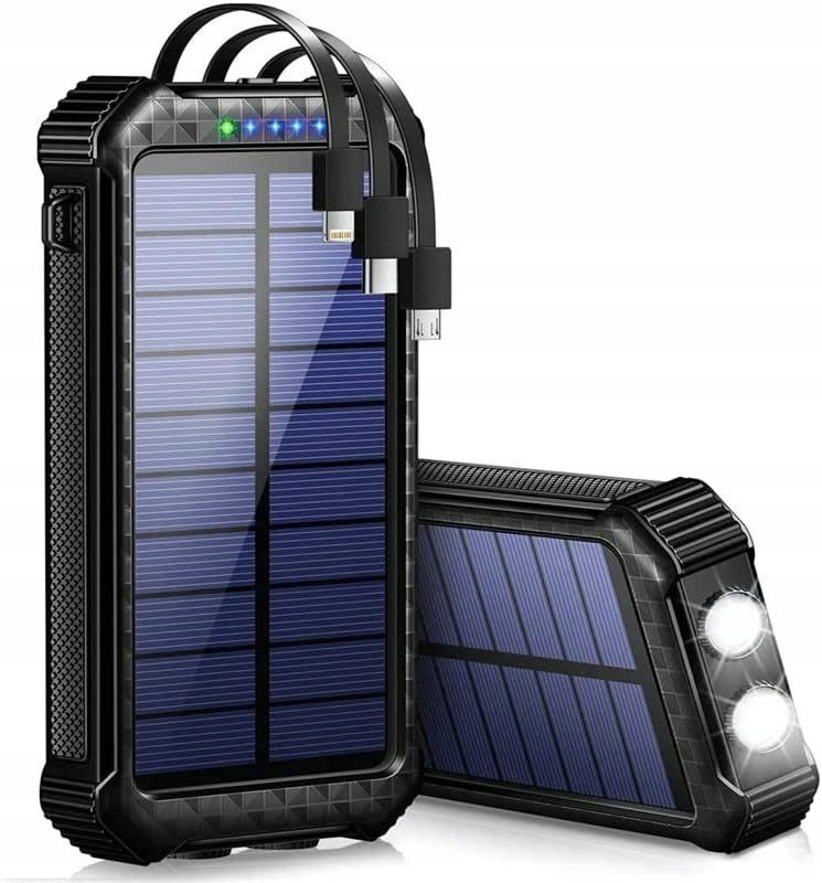 Powerbank Solarny 30000mAh Szybkie Poczwórne Ładowanie Latarka 3 Kable Led