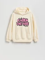 Bluzy dla chłopców - Reserved - Bawełniana bluza z kapturem - złamana biel - miniaturka - grafika 1