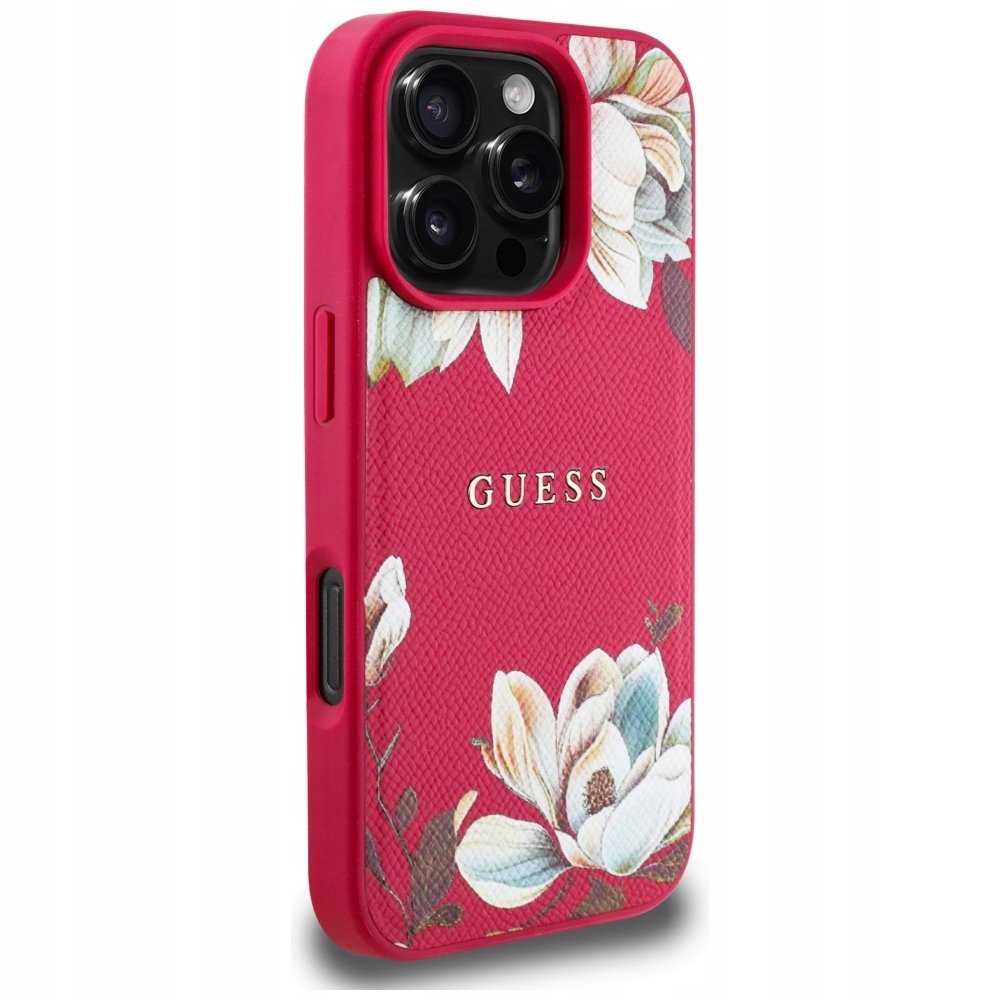 Guess Etui Grained Flower Pattern do MagSafe do iPhone 16 Pro, fuksja z kwiecistym wzorem