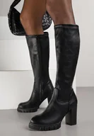 Kozaki damskie - Czarne Kozaki na Słupku i Platformie z Dopasowaną Cholewką Latallea - miniaturka - grafika 1