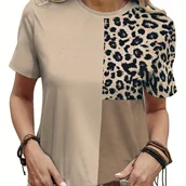 Bluzki damskie - TEMU 2D Print Kolorowy Blok Patchwork Minimalistyczna Moda Leopard Geometryczny Wzór Pełny Nadruk Oddychająca Okrągły Dekolt Krótki Rękaw T-Shirt - miniaturka - grafika 1