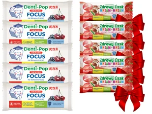Denti-Pop uczeń lizak BEZ CUKRU na koncentrację WIŚNIA & JAGODA 5 sztuk + GRATIS! - Gumy do żucia, lizaki, dropsy - miniaturka - grafika 1
