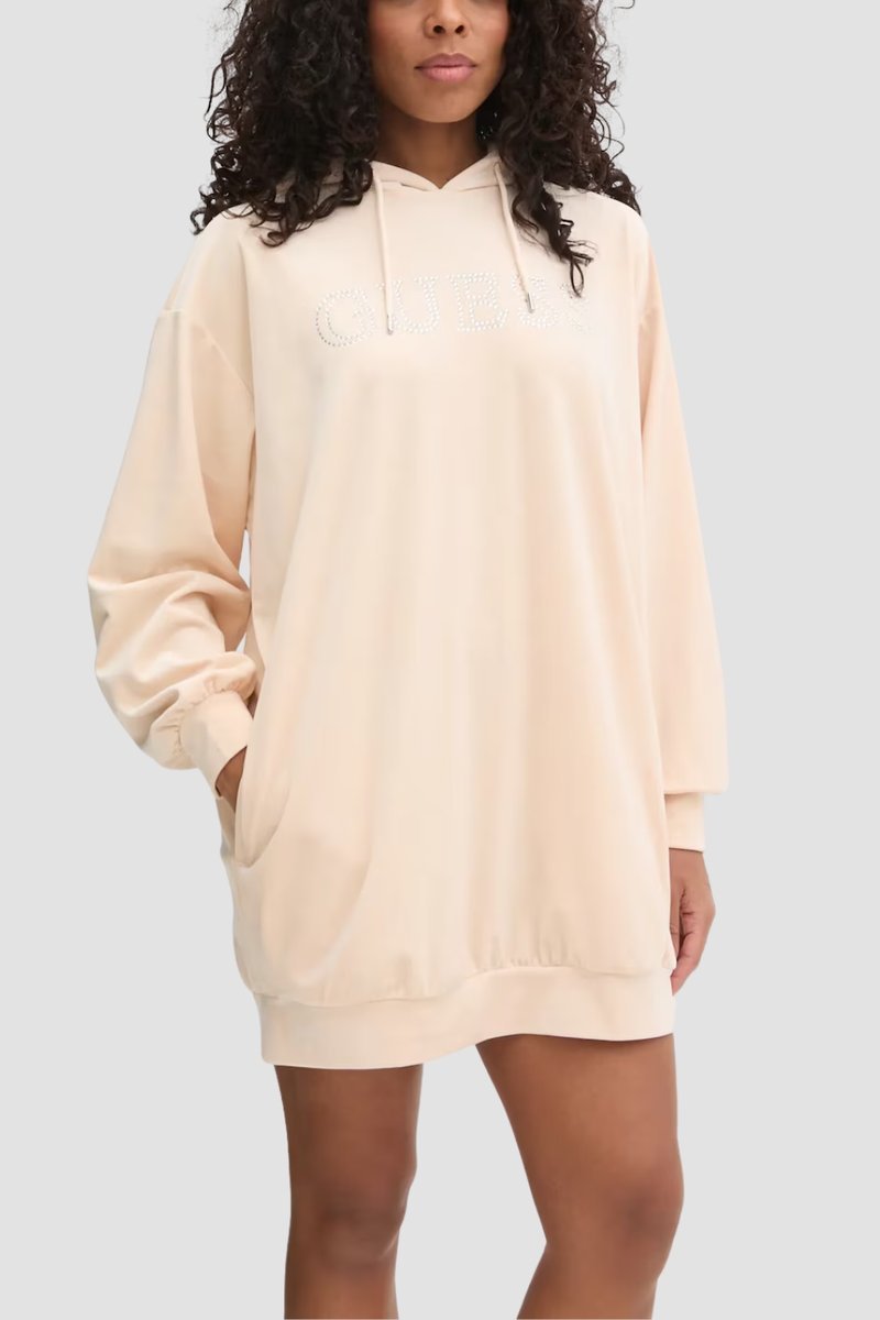 GUESS Beżowa damska długa welurowa bluza z kapturem Couture S