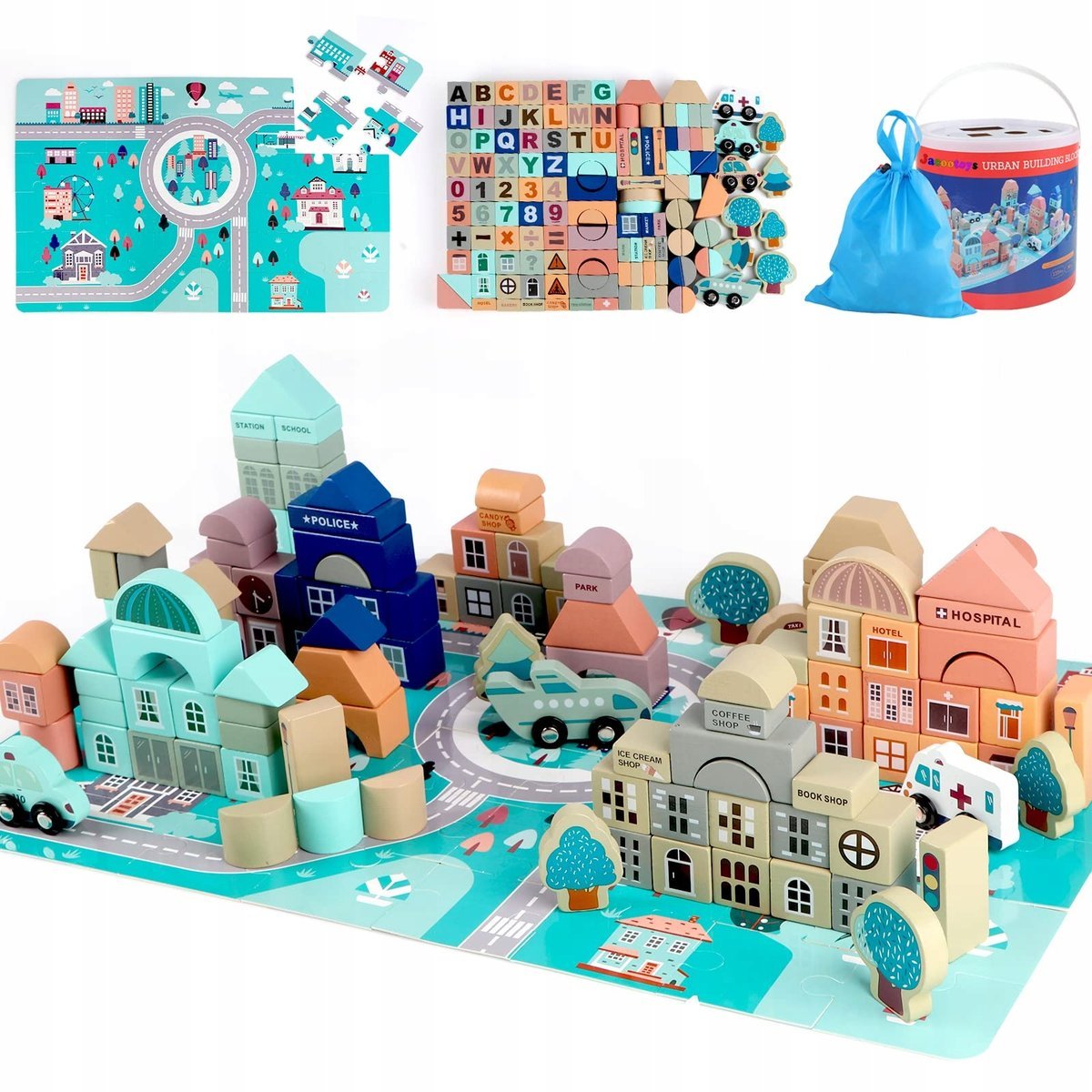 JACOOTOYS Drewniane Klocki 133 Sztuki Zestaw Edukacyjny Dla Dzieci 3+