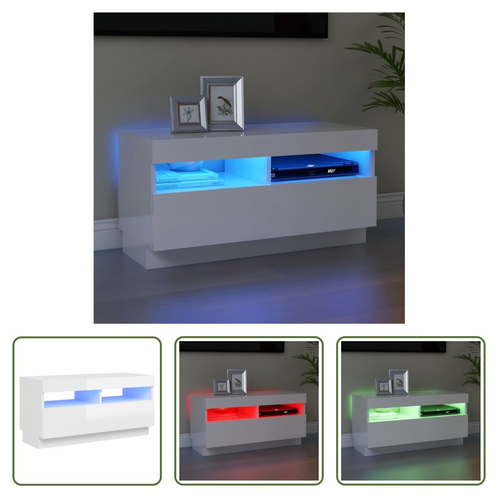 The Living Store Szafka pod telewizor z oświetleniem LED biały wysoki połysk 80x35x40 cm