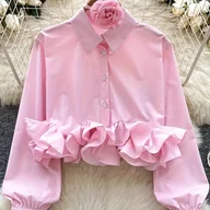 Koszule damskie - TEMU Elegancka Bluzka Damska z Krótkim Rękawem - Długi rąbek, Kołnierzyk i Mankiety w Falbankach, Jednokolorowa Koszula na Śluby, Przyjęcia & Biuro – - miniaturka - grafika 1