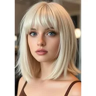 Pozostałe akcesoria fryzjerskie - TEMU Naturalny i oddychający perukę Blond Bob z frędzlami - Prosty, wysokiej jakości włókno, kapelusz z róży, idealny dla kobiet, stylowy akcesorium - miniaturka - grafika 1