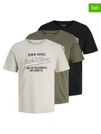 Koszulki męskie - Jack & Jones Koszulki (3 szt.) "Jjethan" w kolorze oliwkowo-czarno-kremowym - miniaturka - grafika 1