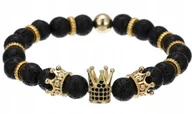 Bransolety męskie - Luksusowa Męska Bransoletka Korona Kamień Wulkaniczny Koraliki Cyrkonie - miniaturka - grafika 1