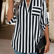 Koszule damskie - TEMU Elegancka bluzka w paski z dekoltem w szpic i kieszeniami - Swobodny, stylowy top z długim rękawem dla kobiet, czarno-białe paski w pionie, - miniaturka - grafika 1