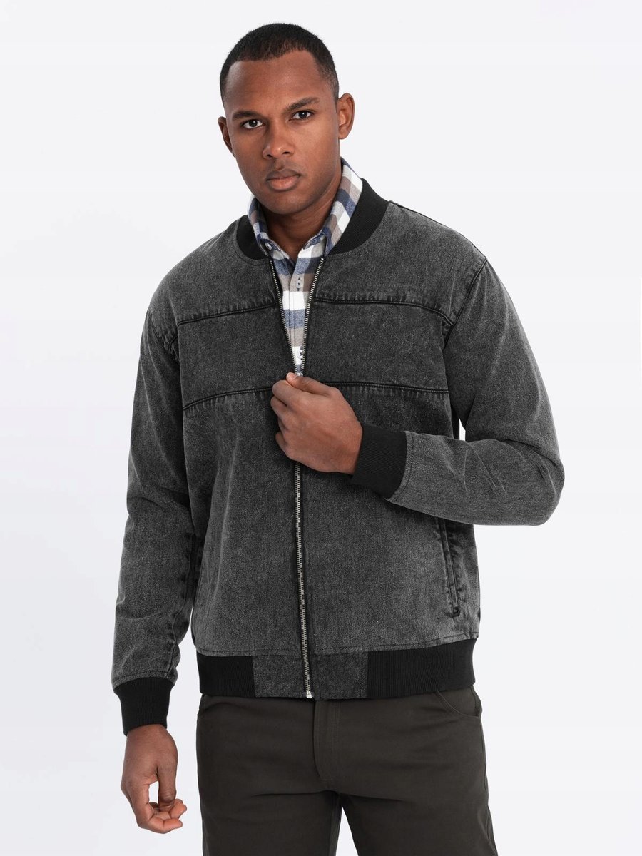 Męska kurtka jeansowa bomberka stone wash czarna Ombre OM-JADJ-0163 V2 L