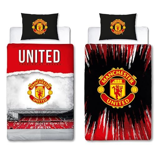 Manchester United Oficjalny zestaw poszewek na kołdrę FC, projekt teatralny, czerwona, dwustronna, dwustronna, na stadion piłkarski, oficjalny produkt, w tym pasująca poszewka na poduszkę