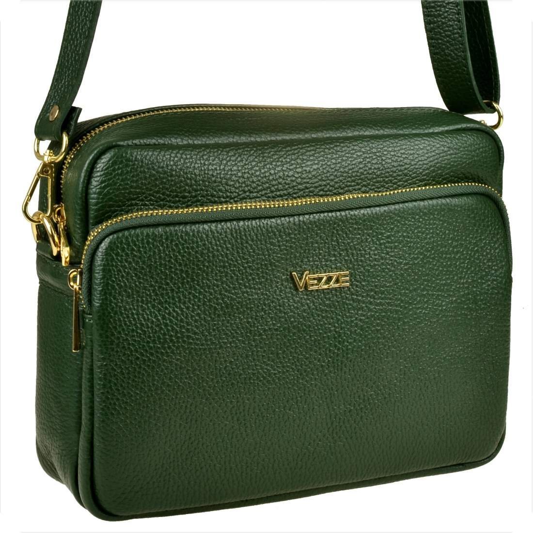 Modna skórzana torebka listonoszka zielona złote okucia VEZZE