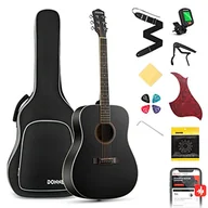Struny gitarowe  - Donner Gitara akustyczna, pełnowymiarowa gitara 4/4 Dreadnought 104 cm, zestaw gitarowy dla początkujących, z torbą na koncert, kostkami kapodowymi, strunami paska strojenia, czarny - miniaturka - grafika 1