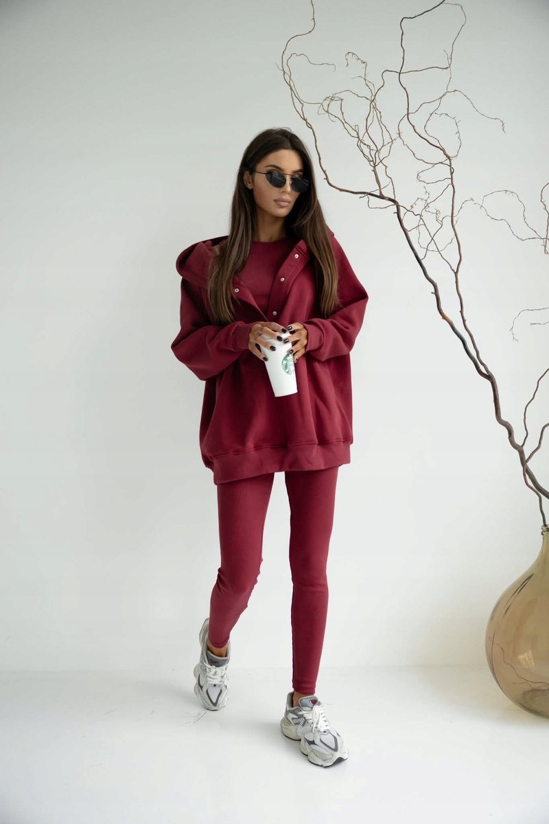 Komplet 3 częściowy Dresowy: Bluza Oversize, Top Legginsy Prążek BORDOWY