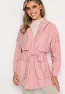 Kurtki damskie - Różowa Kurtka Parka z Nieodpinanym Kapturem i Troczkiem w Pasie Mevarie - miniaturka - grafika 1