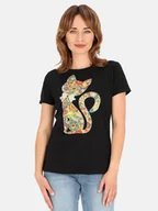 Bluzki damskie - BAWEŁNIANA BLUZKA DAMSKA Z KOLOROWYM NADRUKIEM KOTA - miniaturka - grafika 1