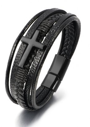 Skórzana bransoleta plecionka z czarnym krzyżem 19cm