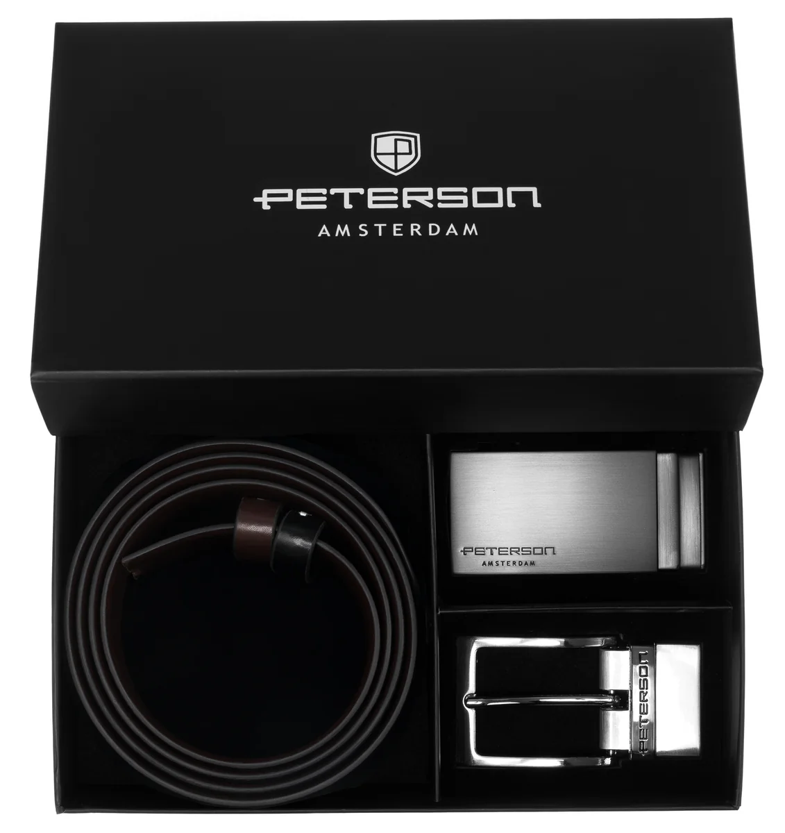 Elegancki pasek skórzany męski 105 PETERSON 4w1 dwustronny czarny brązowy 2 klamry zestaw prezentowy