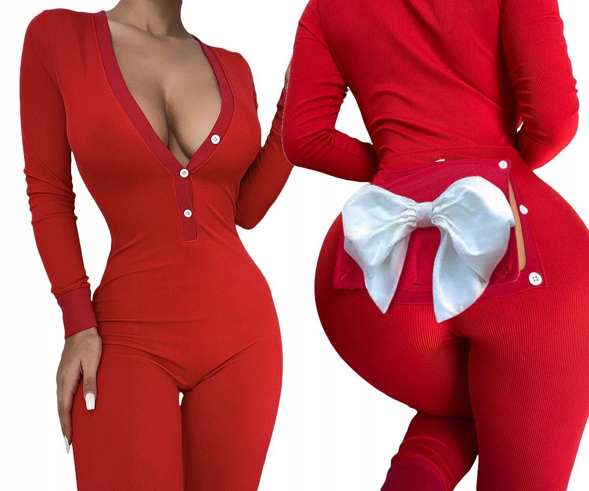 PIŻAMA Damska Z KLAPKĄ NA PUPIE Prezent KOKARDA Czerwona S