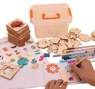 Zabawki interaktywne dla dzieci - DREWNIANE SZABLONY DO NAUKI RYSOWANIA + PISAKI - miniaturka - grafika 1