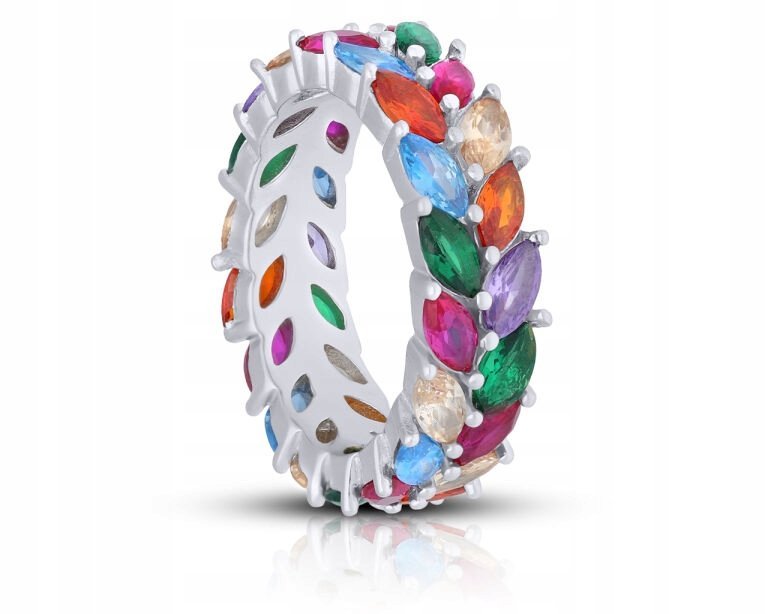 Pierścionek Srebrny Kolorowe Cyrkonie Wokół Szeroka Obrączka roz.15 pr. 925
