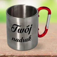 Kubki - Srebrny, metalowy kubek z czerwonym karabińczykiem z Twoim nadrukiem - miniaturka - grafika 1