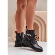 Botki damskie - Skórzane Botki Na Płaskim Obcasie Z Ozdobą Ocieplane Maciejka N3115-01 Czarne - miniaturka - grafika 1