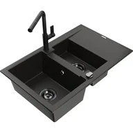 Zlewozmywaki z baterią - Mexen Gaspar zlewozmywak granitowy 1,5-komorowy z ociekaczem i baterią kuchenną Flora, czarny/złoty - miniaturka - grafika 1
