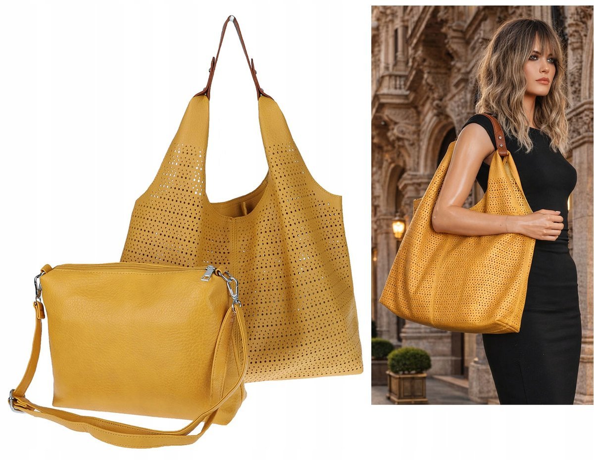 Torebka Damska shopper worek listonoszka pojemna Ażurowa 2w1 1901 Żółta