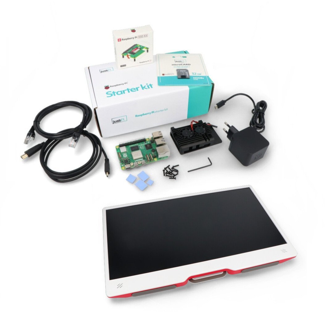 Zestaw justPi Pro z Raspberry Pi 5 8GB + SSD + Monitor + 32GB microSD + akcesoria}