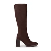 Półbuty męskie - Damskie kozaki ze skóry zamszowej na słupku brązowe - miniaturka - grafika 1