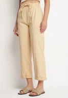 Spodnie damskie - Beżowe Bawełniane Spodnie z Wysokim Stanem i Ozdobnym Wiązaniem Vilwia - miniaturka - grafika 1