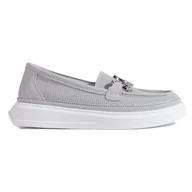 Mokasyny damskie - Goodin Szare ażurowe mokasyny damskie - miniaturka - grafika 1