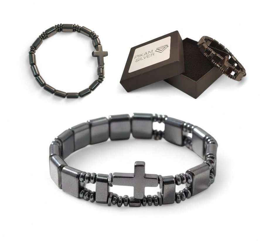 Bransoletka Z Hematytu Kamieni Naturalnych12 mm Z Krzyżykiem Męska Damska