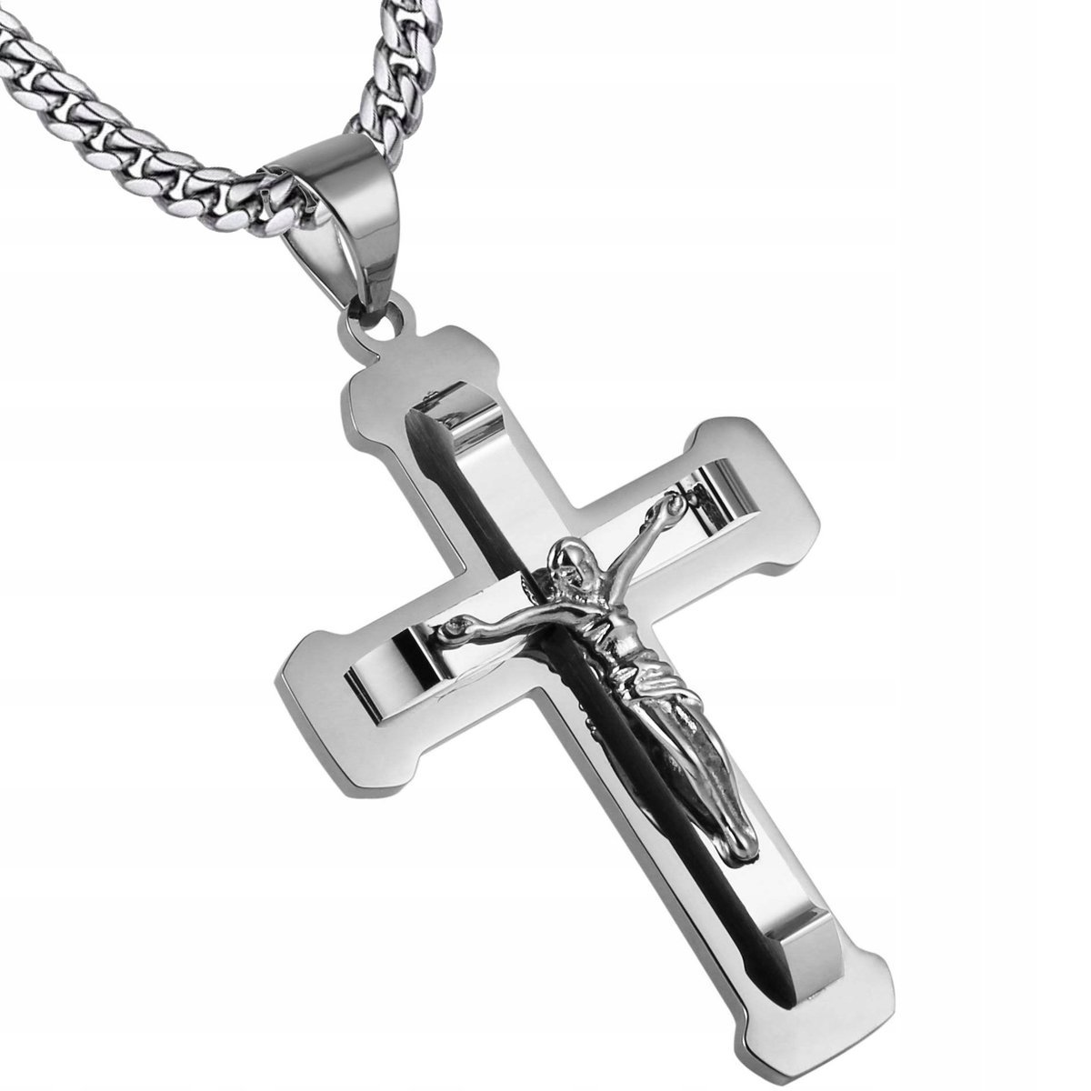 NASZYJNIK SREBRNY DUŻY KRZYŻ KRZYŻYK JEZUS STAL SZLACHETNA 316L 60 CM