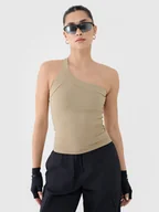 Koszulki i topy damskie - Crop-top slim z asymetrycznym ramiączkiem damski 4FRSS25TSLEF222-83S Brązowy Roz. XS - miniaturka - grafika 1