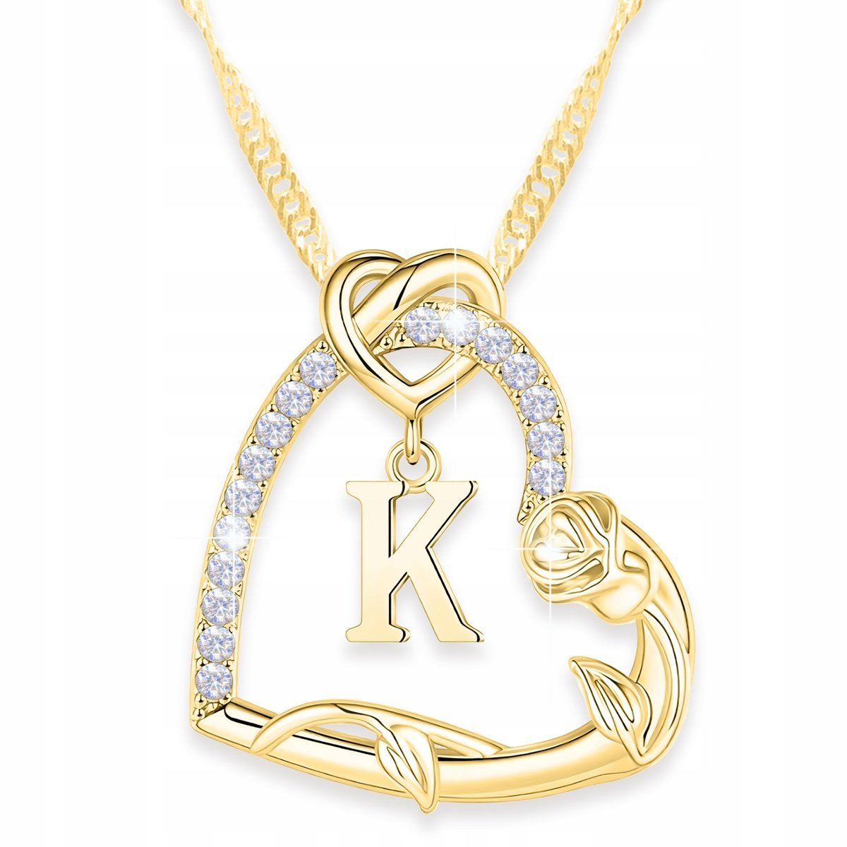 Złoty Naszyjnik Litera Serce Kwiat Różą z Literką Inicjał K SREBRO 925