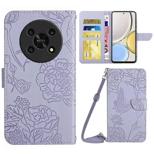 For Honor Magic4 Lite 5G Stojak Portfel Etui Nadruk Motyl Kwiaty Skóra Skóra PU Pokrowiec na telefon z paskiem na ramię Jasny fiolet - Portfele - miniaturka - grafika 1