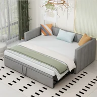Łóżka dla dzieci i młodzieży - Łóżko rozkładane Merax 90x200cm/180x200cm, rozkładana sofa z listwowym stelażem i podłokietnikami, łóżko tapicerowane aksamitem, rozkładana sofa dla dzieci, jasnoszara - miniaturka - grafika 1