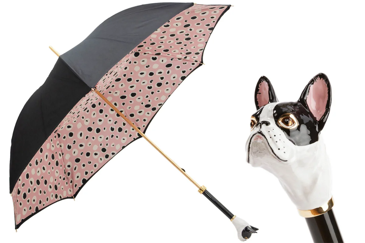 PASOTTI Parasol 93cm Buldog Francuski Emaliowana Rączka Panterka LUX