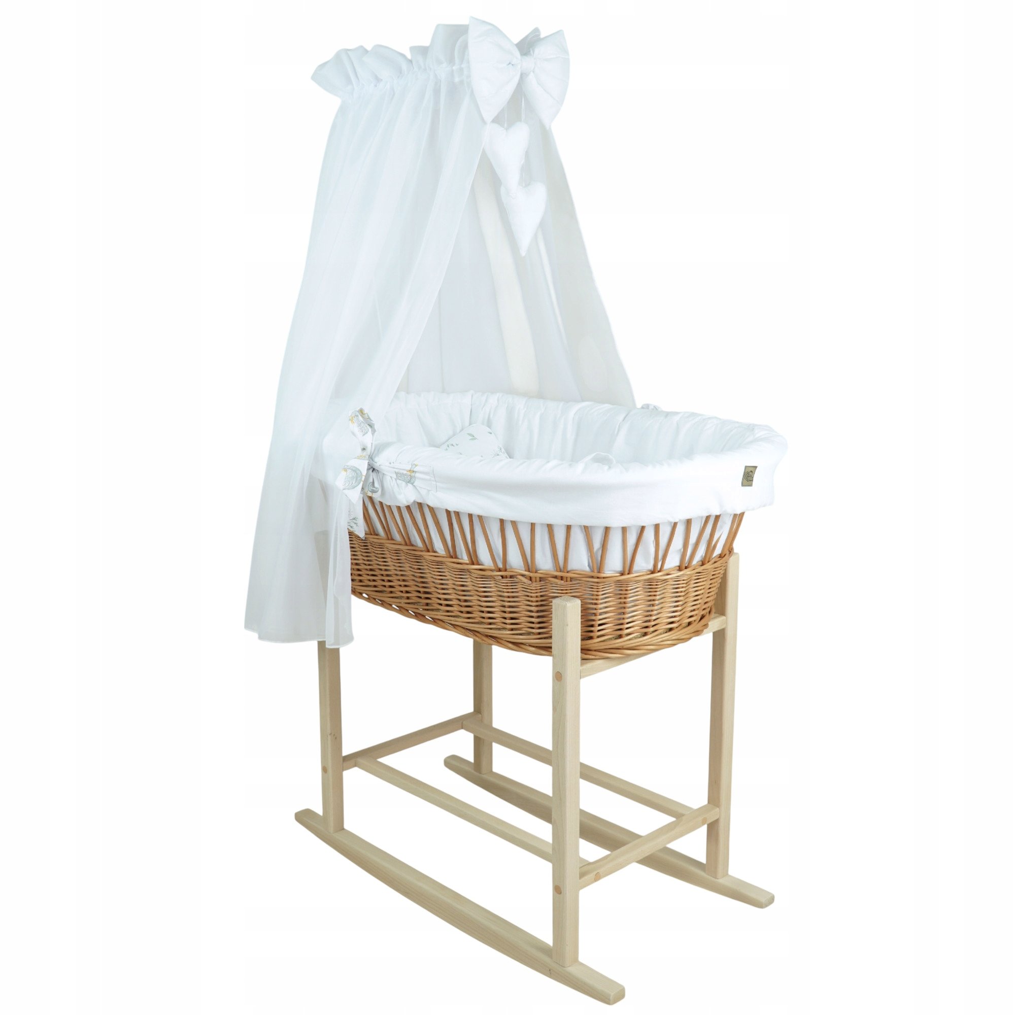 Wiklinowy kosz Mojżesza Oliwia naturalny z kołyską i pościelą białą gąski