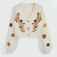 Swetry damskie - TEMU Kobiecy Elegancki Sweter Kardigan z Kwiatowym Wzorem - Długi Rękaw, Otwarty Przód, Czarno-Pomarańczowy Wzór, Nieelastyczny Materiał na - miniaturka - grafika 1