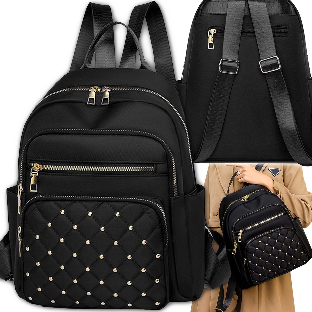 Pojemny Plecak Damski Miejski Torba Na Ramię Szkolny Pikowany Lekki Czarny