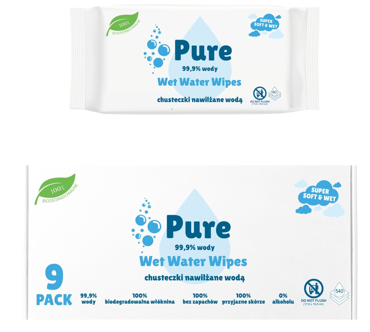 Chusteczki nawilżane Pure Wet Water Wipes 99,9% wody BIO 9x60 SZT. Baby